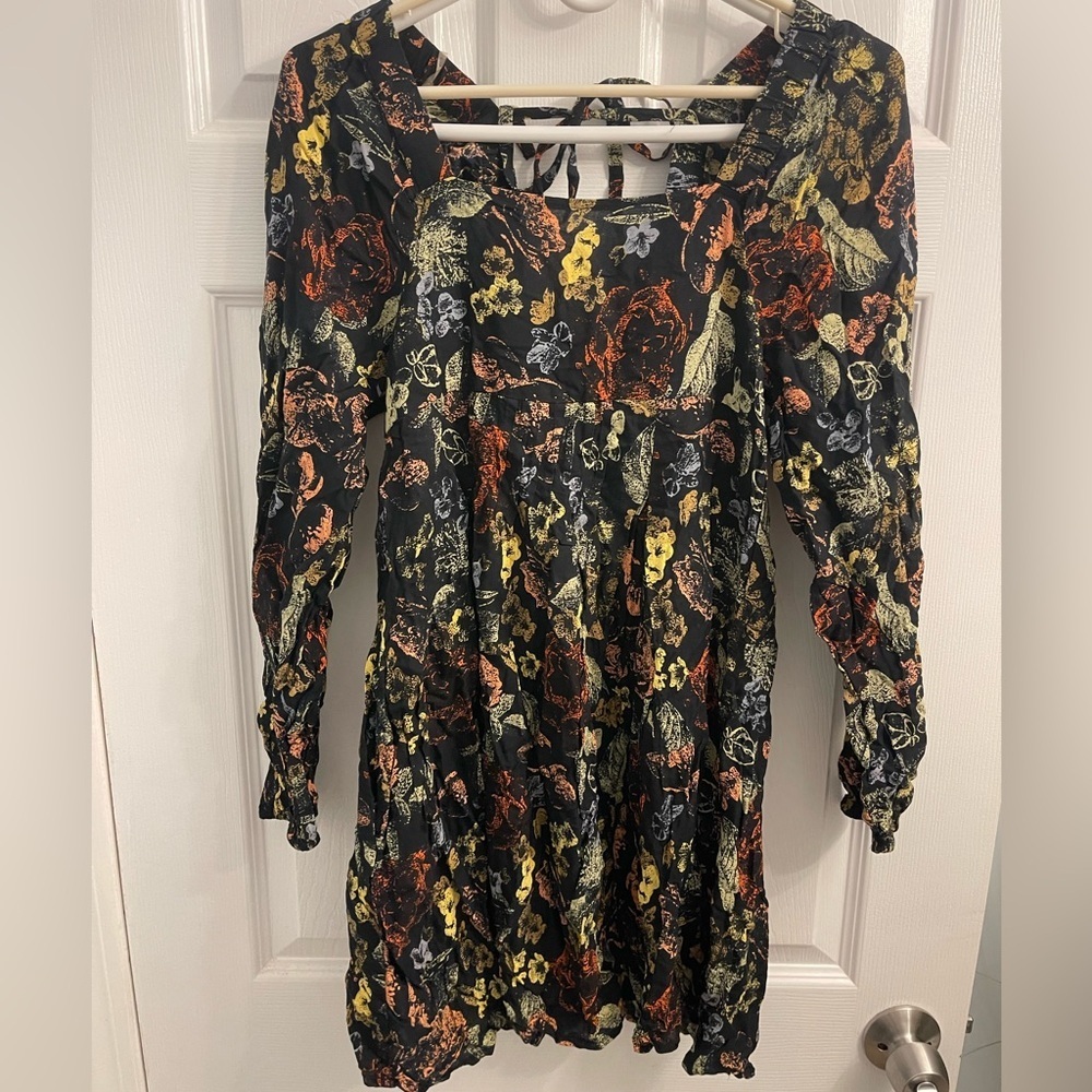 Boho Long Sleeve Floral Dress - Black and Orange